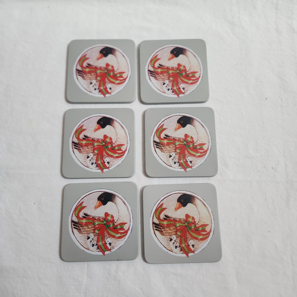 Set of 6 Holiday Goose Coasters with Ribbon Motif